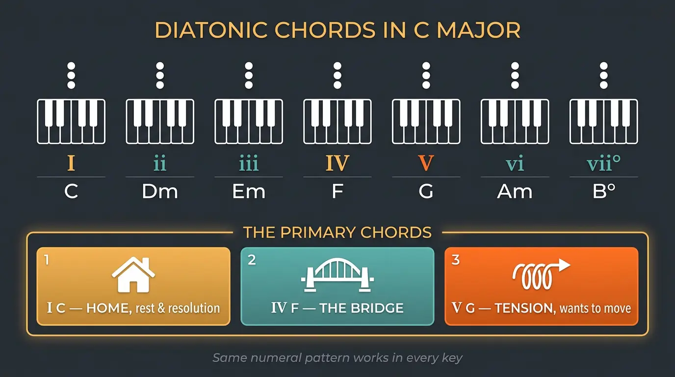 Infographic of C major diatonic chords with Roman numerals and the primary I, IV, V chords highlighted.