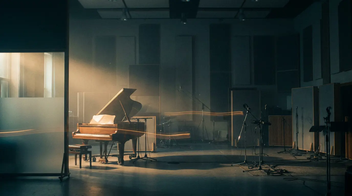 A grand piano in a dark studio catching warm light through haze, cool shadows and amber light trails around it.