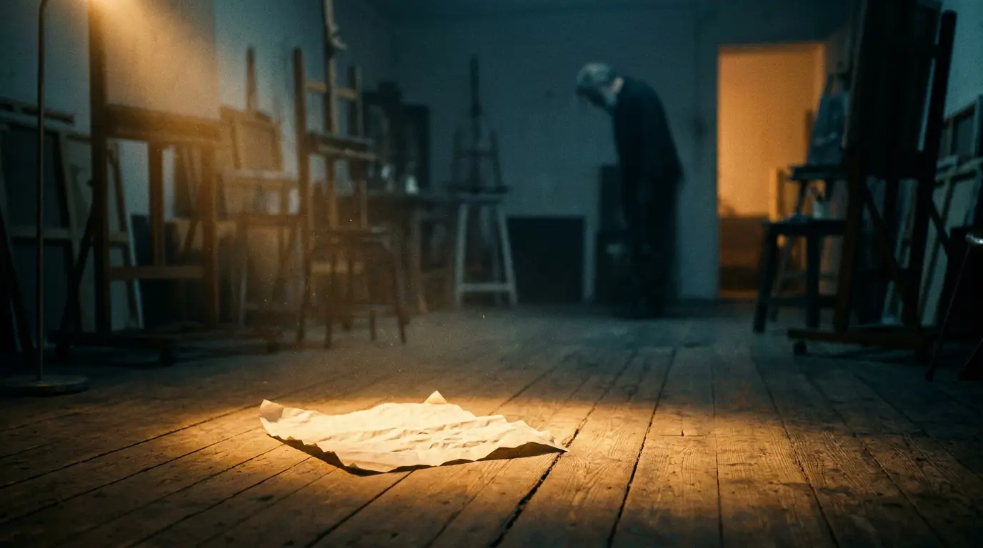 A crumpled paper on a studio floor lit by a warm shaft of light, blurred figure sitting in shadow behind.
