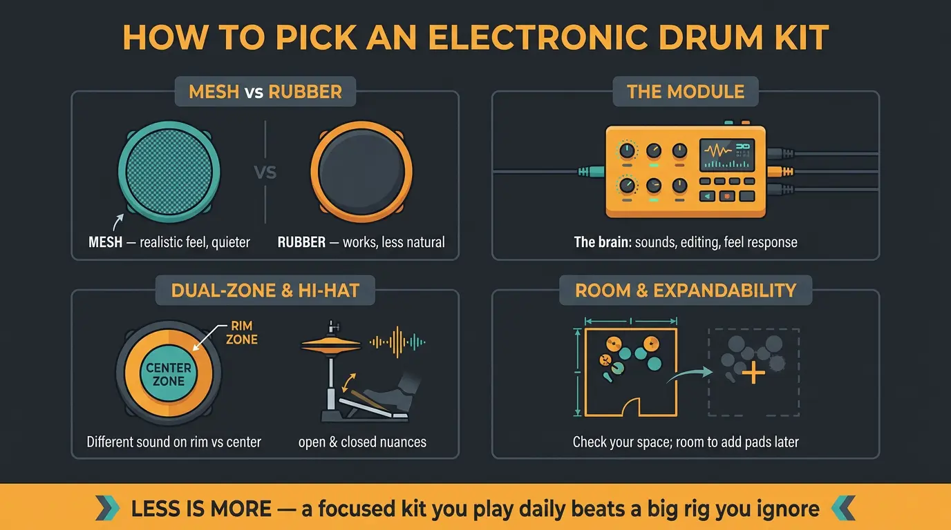 Infographic grid comparing mesh vs rubber pads, drum module, dual-zone pads, and room with a less-is-more tip.