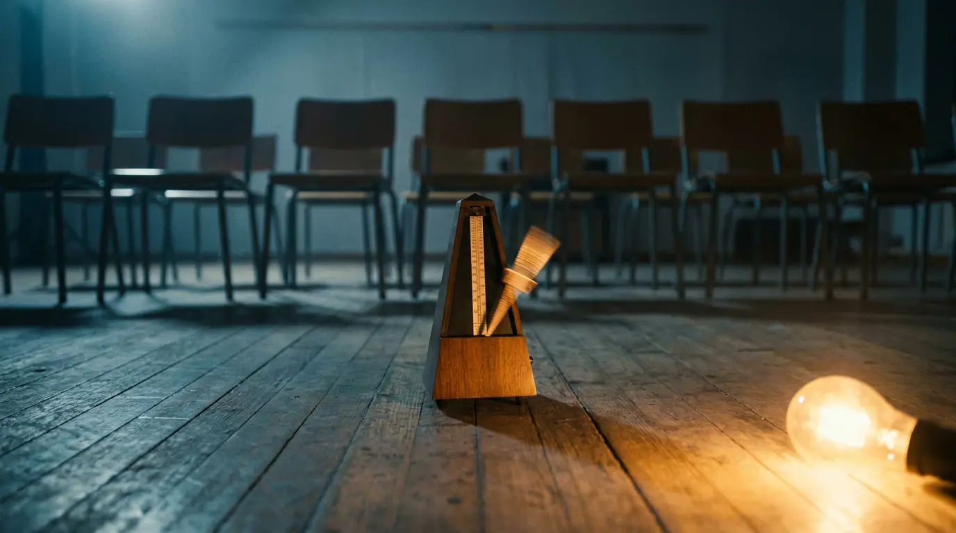 A metronome mid-swing blurred into a light trail in a dim rehearsal room with empty chairs in shadow.