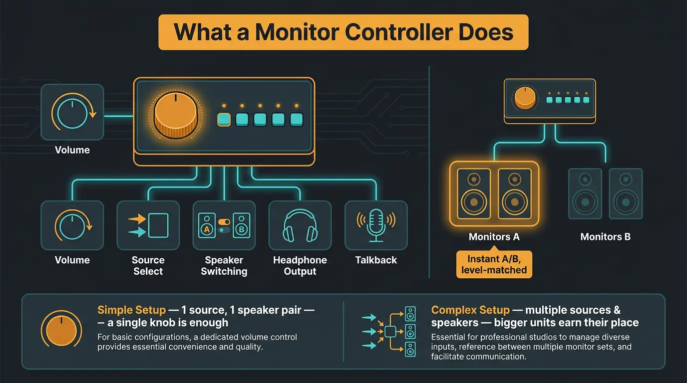 Infographic showing monitor controller functions—volume, source select, speaker switching, headphones, talkback—plus A/B setu