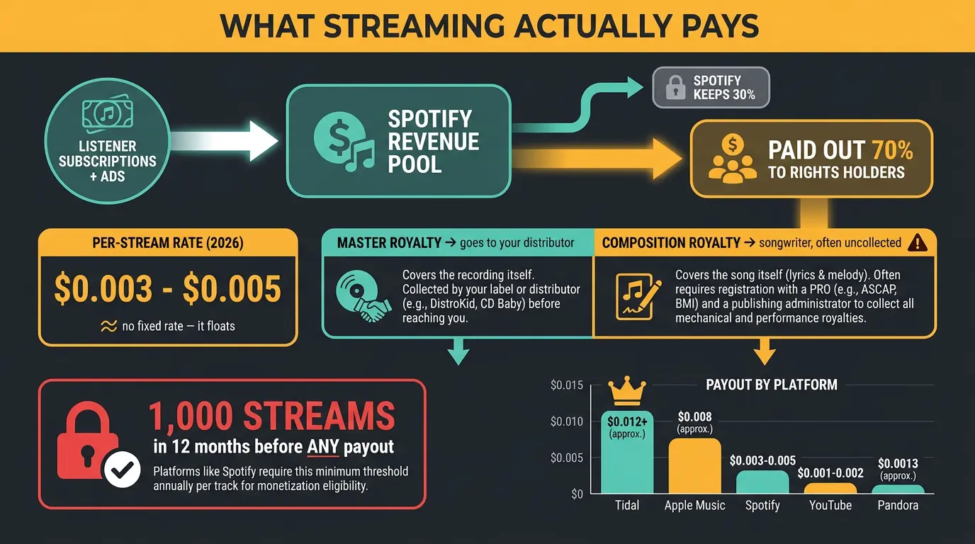 Infographic showing Spotify royalty flow, $0.003-$0.005 per stream, 1,000-stream threshold, and platform payout comparison ch