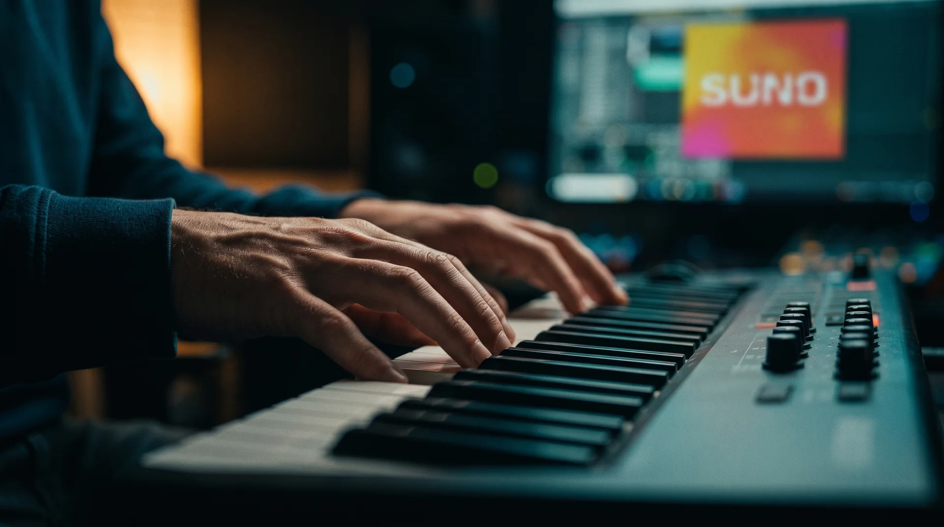 Hands playing a MIDI keyboard controller in a dimly lit home studio, warm light across the keys.