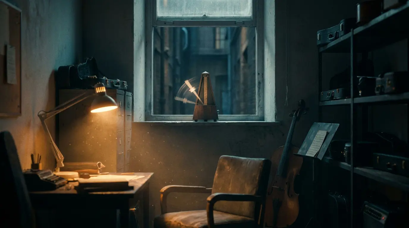 A metronome pendulum blurred mid-swing on a windowsill in a dark room, warm lamp light against cool shadows.