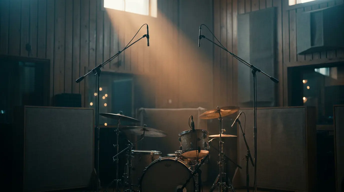 Empty drum kit in a dim studio with two overhead mics on stands, lit by a warm shaft of light