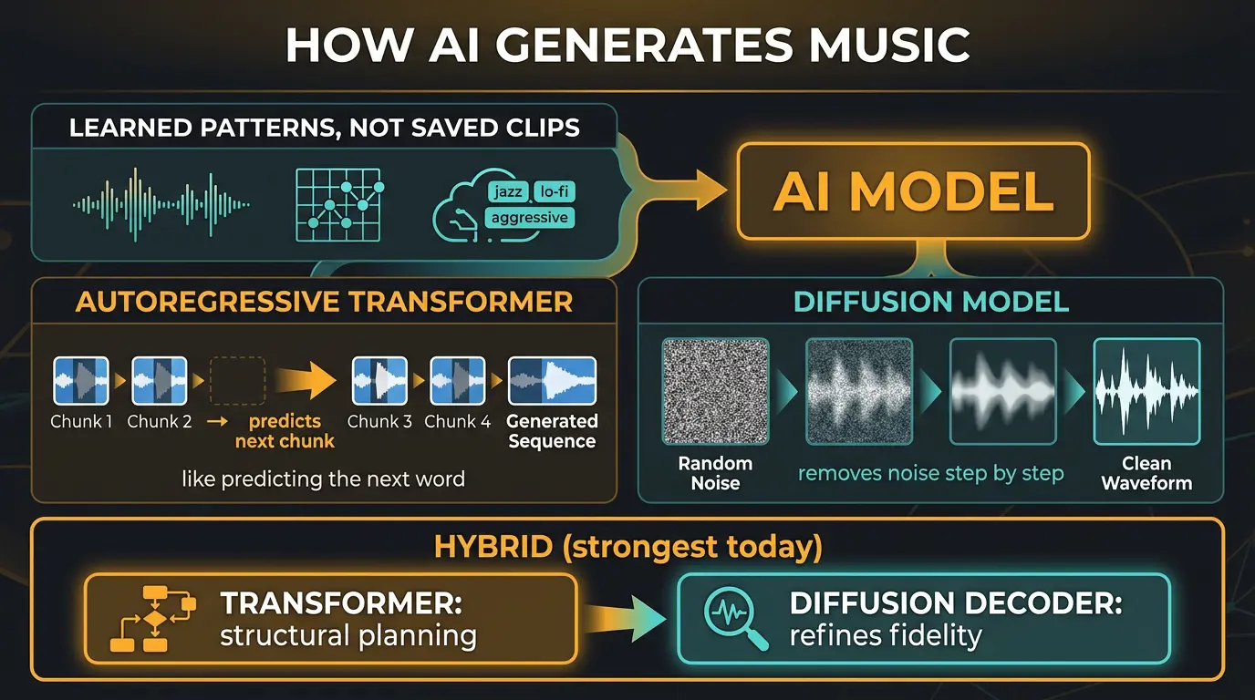 Infographic comparing autoregressive transformer, diffusion, and hybrid AI music generation methods.