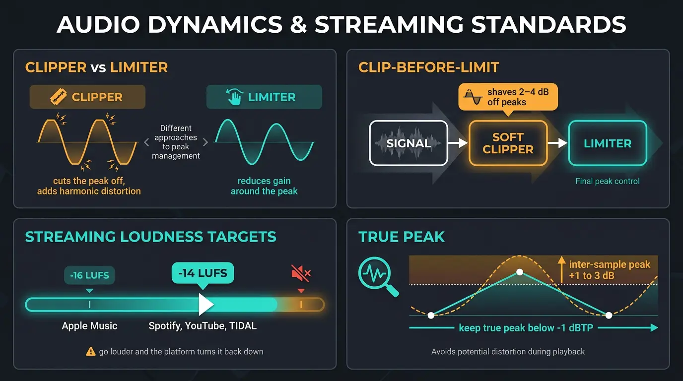 Infographic comparing clipper vs limiter, clip-before-limit chain, streaming LUFS targets, and true peak limits.