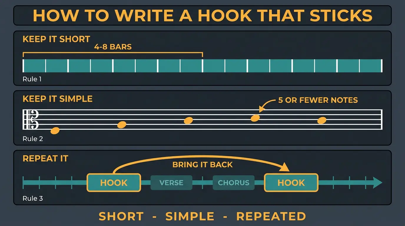 Infographic showing three hook-writing rules: short 4-8 bars, simple 5 notes or fewer, and repeated across the song.