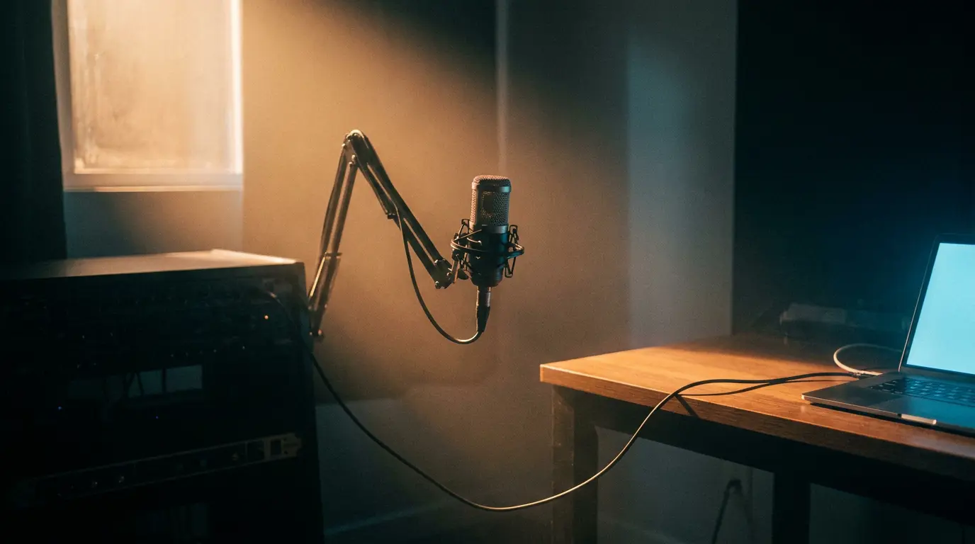 A microphone on a boom arm lit by warm light, one cable toward a glowing laptop, another into shadowed gear.