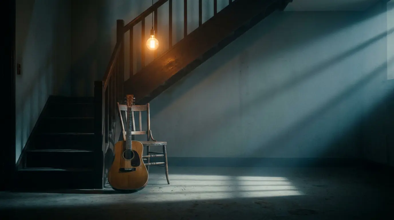 A guitar leaning by a chair under a staircase, stepwise shadows across the floor, warm bulb glowing in blue-gray gloom.