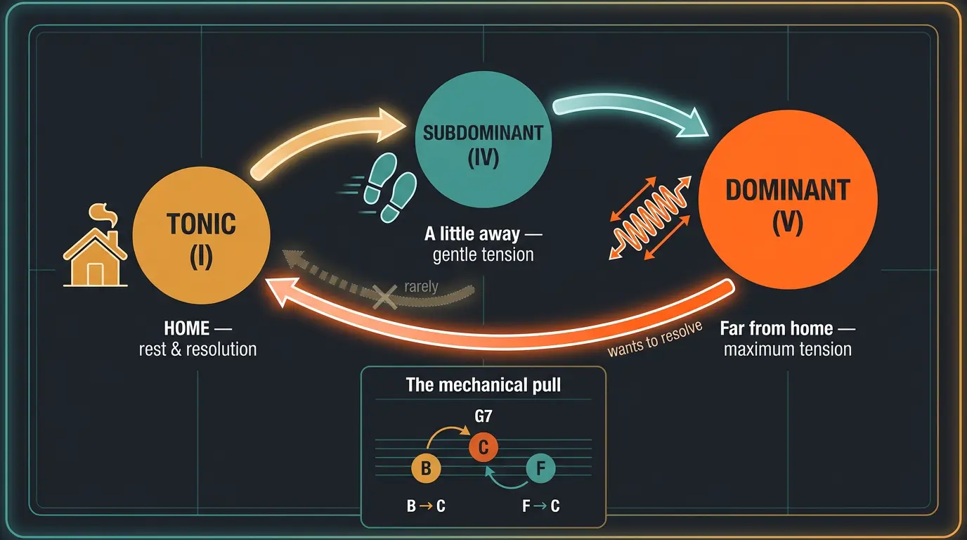Infographic showing tonic, subdominant, dominant as a home-to-away-and-back path with chord resolution notes.