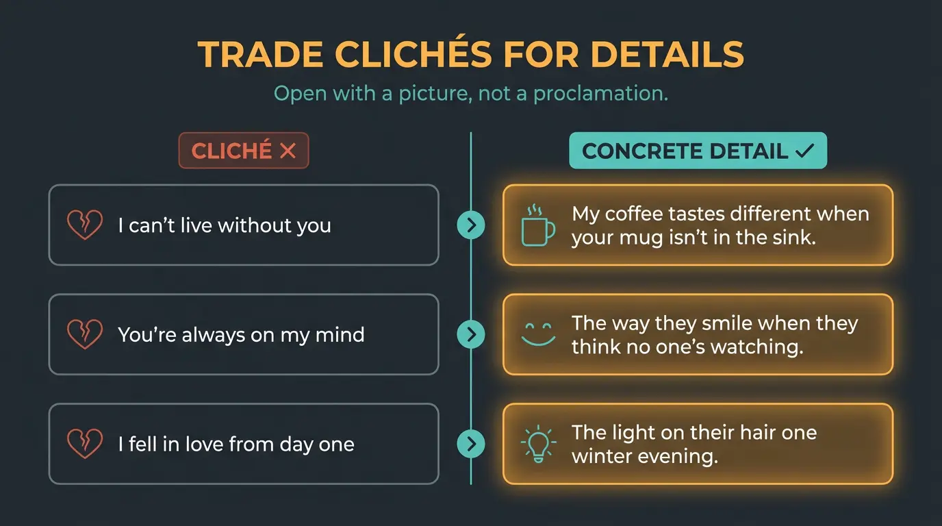 Comparison infographic swapping three love-song clichés for concrete, detailed lyric lines.