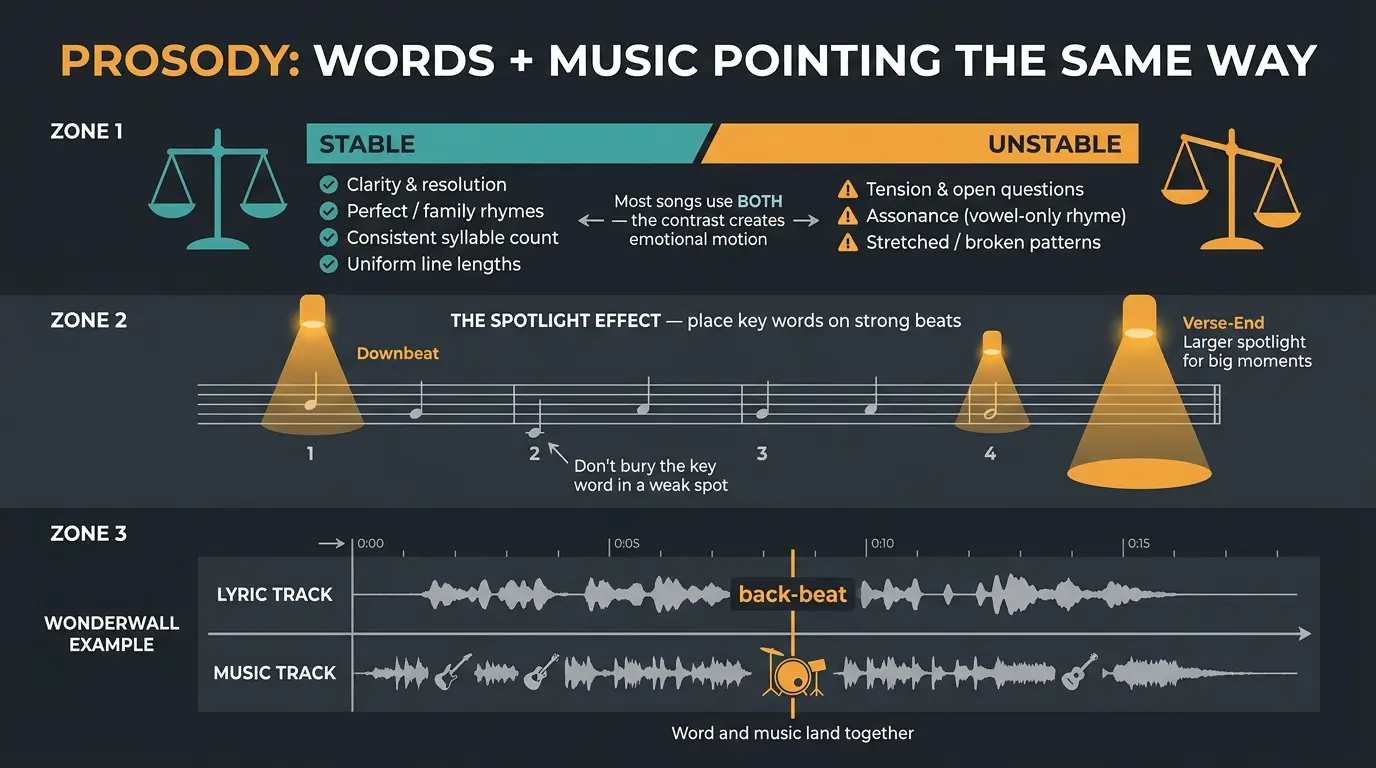 Infographic comparing stable vs unstable prosody, beat spotlight effect, and Wonderwall word-music alignment.