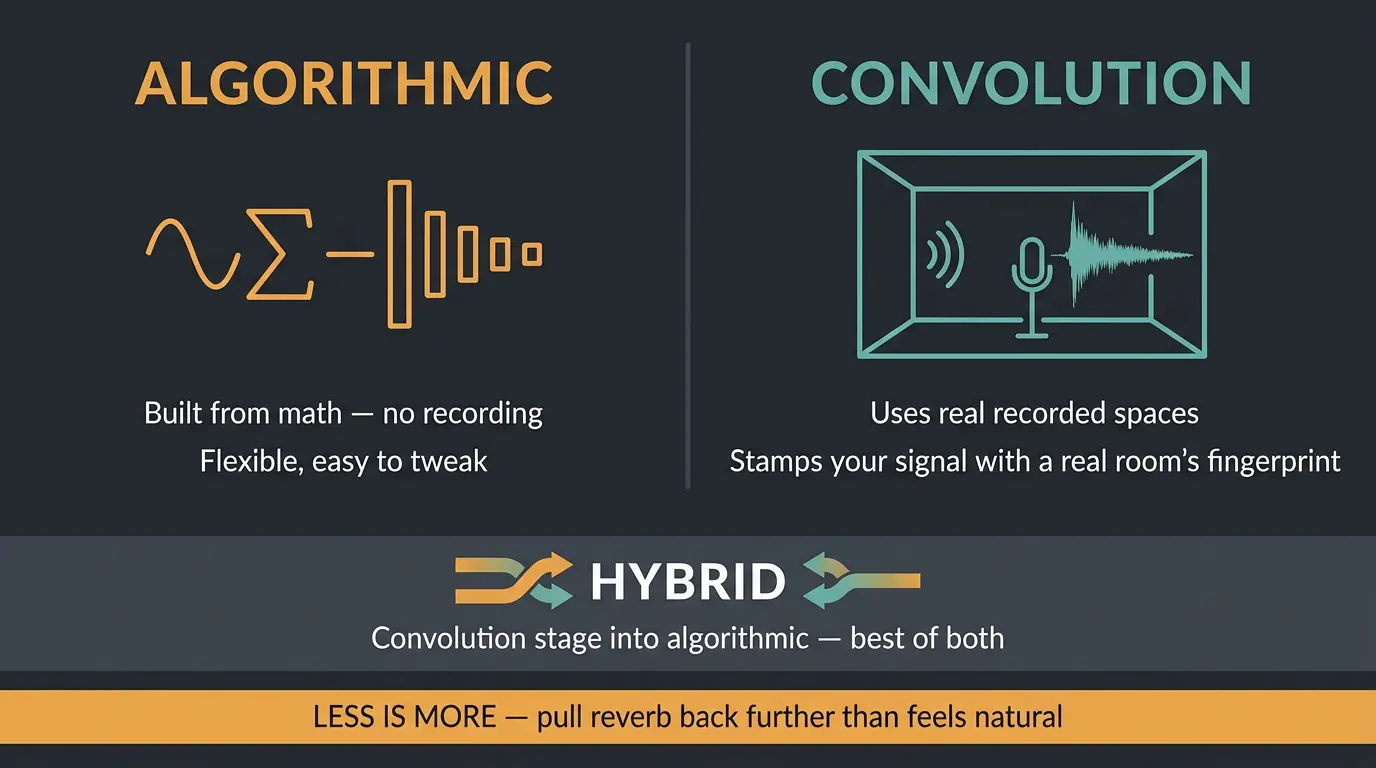 Infographic comparing algorithmic and convolution reverb with a hybrid band and a less-is-more tip.