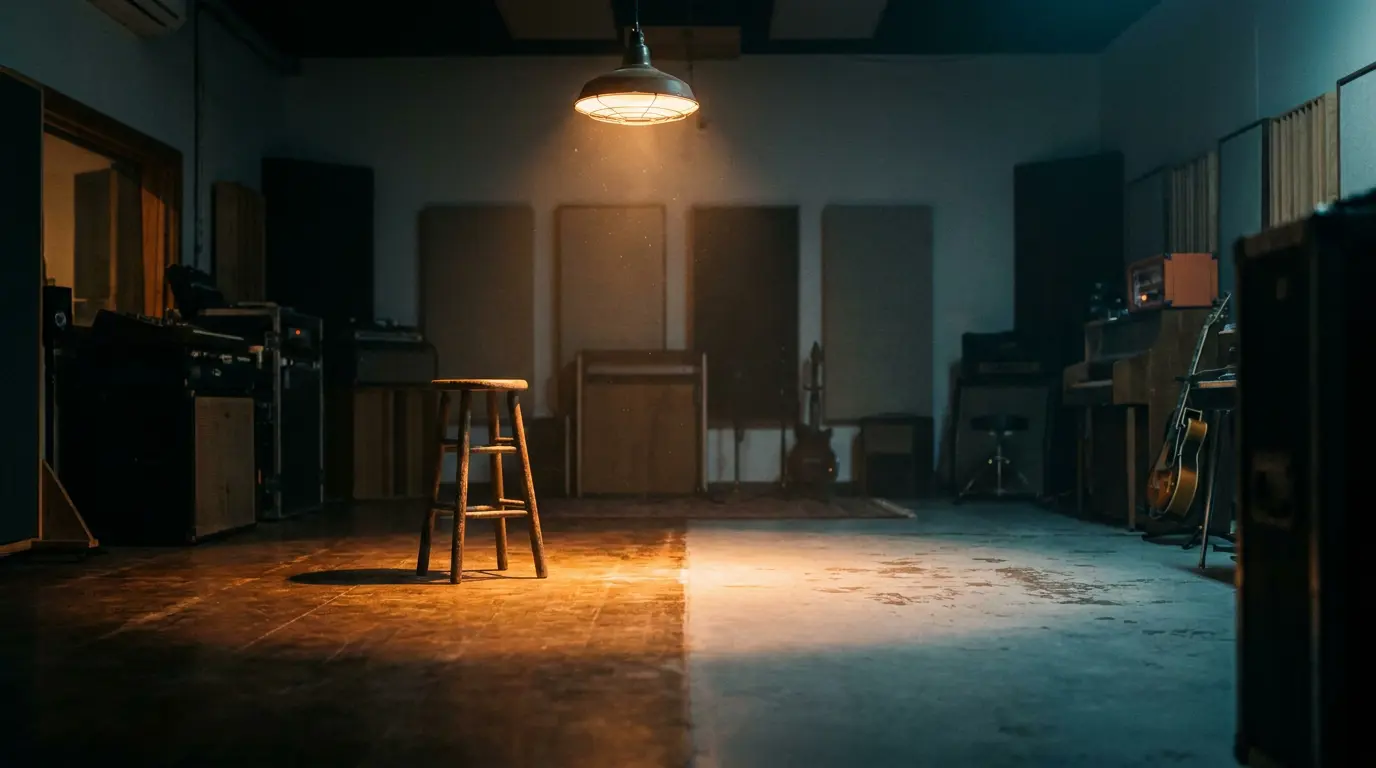Empty studio at dusk with a lone stool in warm light, a glowing line splitting warm and cold across the floor.