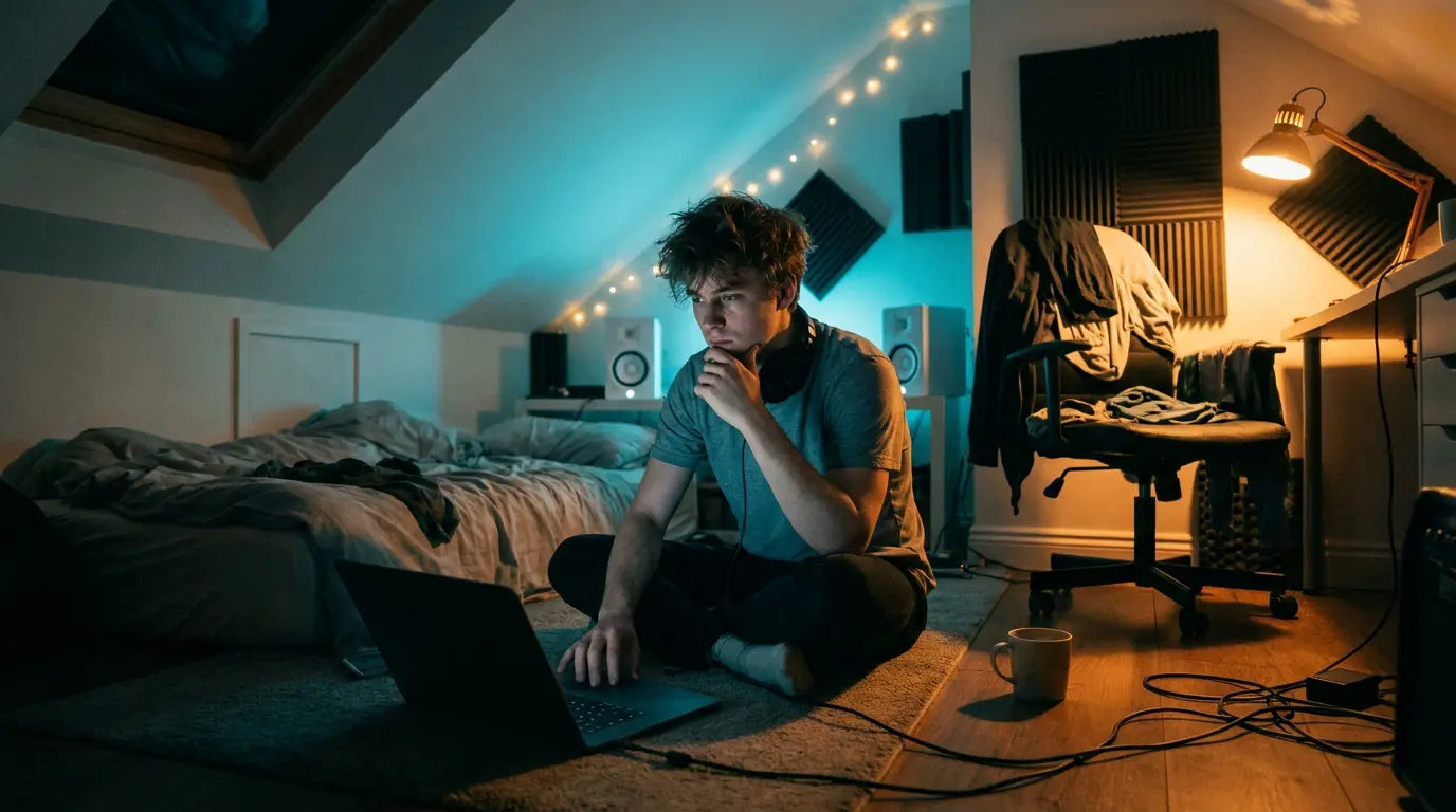 A young person sits on the floor of a small bedroom studio at night, lit by a warm lamp and glowing screens.