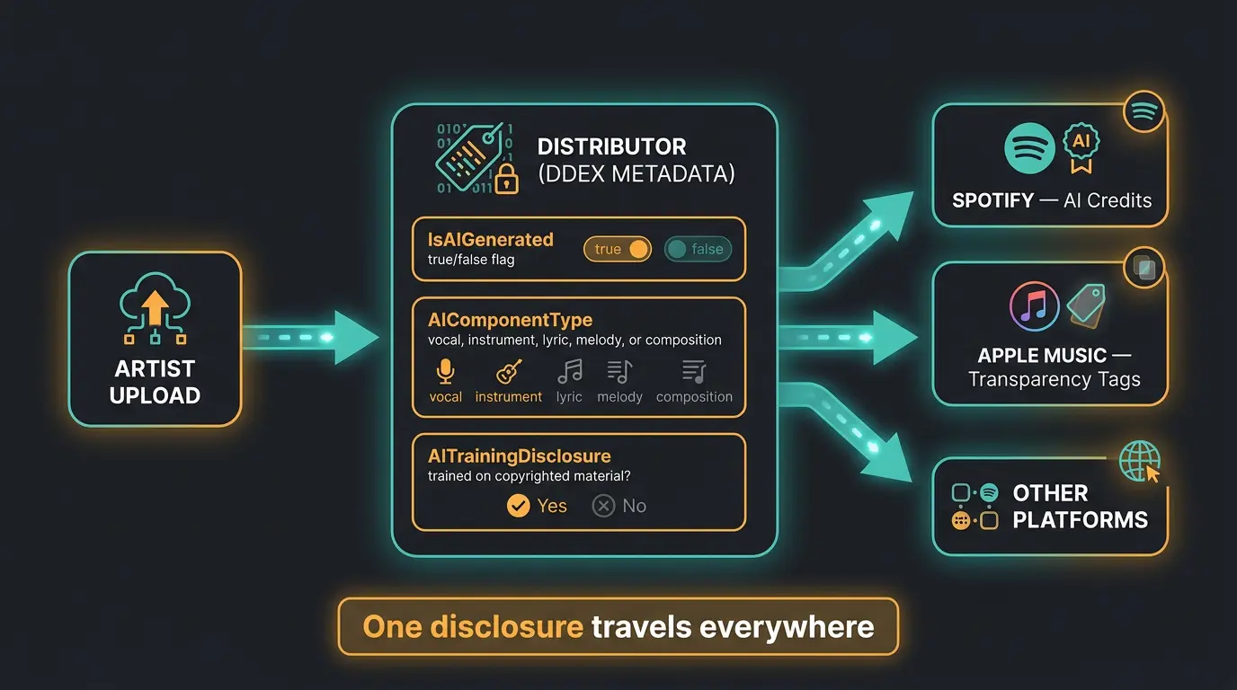 Flow diagram showing AI music disclosure via DDEX metadata at distributor level flowing out to Spotify, Apple Music and other