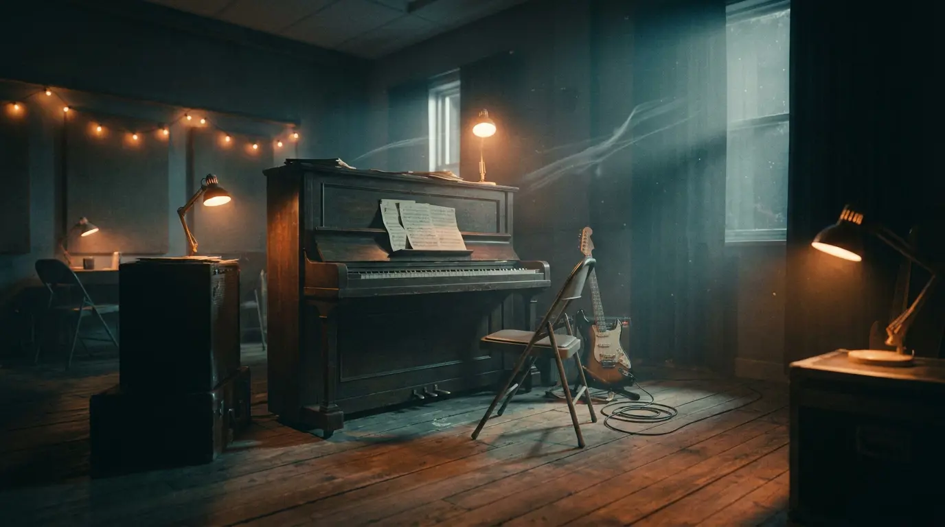 Dim rehearsal room with upright piano and guitar in warm lamplight, haze and light trails in cool shadows.