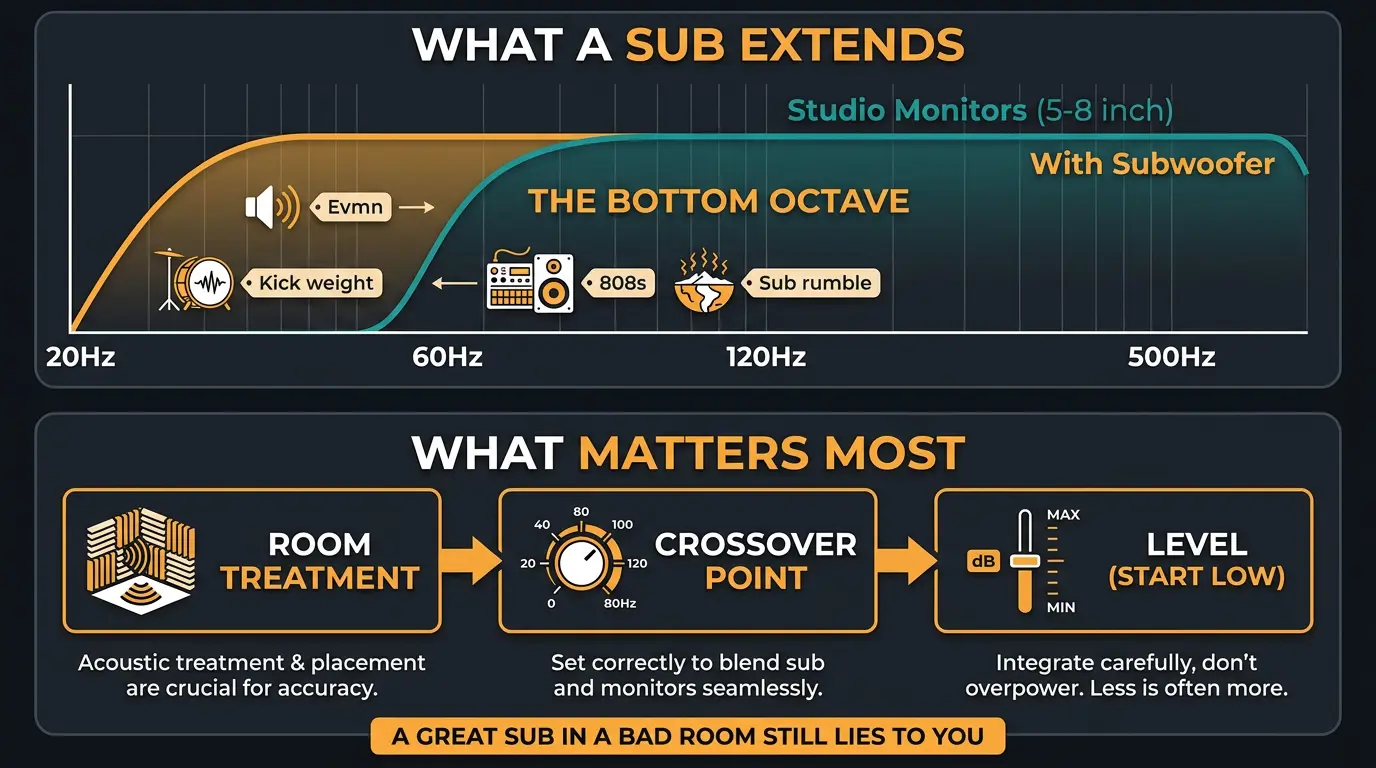 Infographic showing a subwoofer extending monitor response into the bottom octave, plus room treatment, crossover, and level