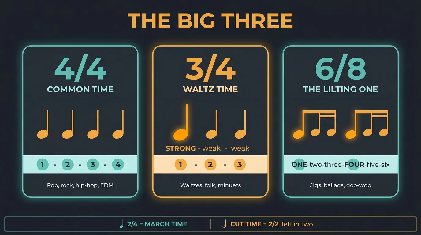 Infographic comparing 4/4, 3/4, and 6/8 time signatures with counting patterns and note icons.