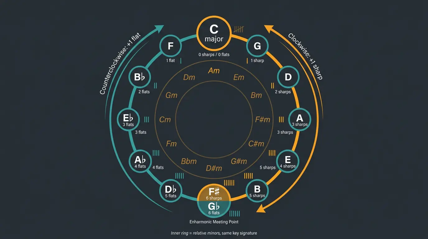 Circle of fifths infographic showing 12 major keys, sharp and flat counts, and relative minors inside.