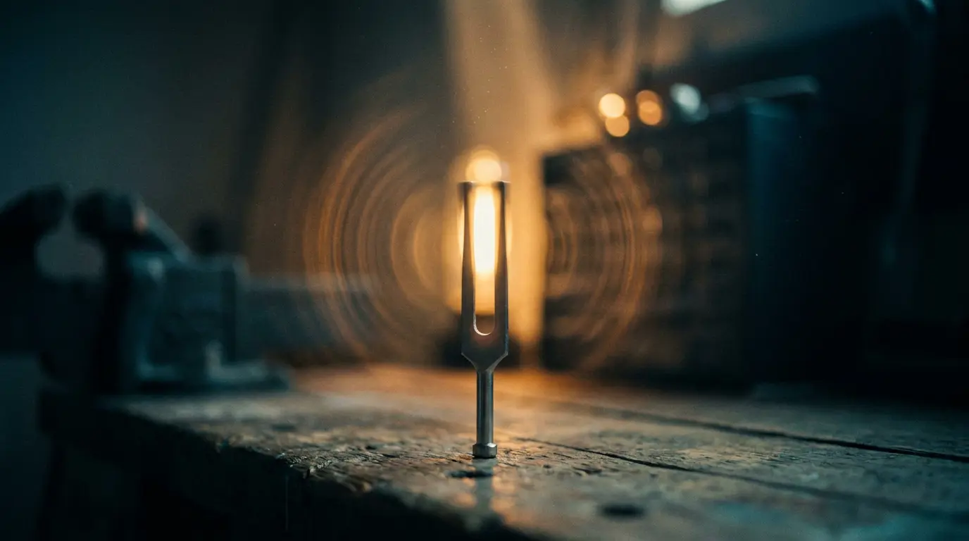 A tuning fork backlit by warm light on a dark studio table, glowing air ripples fading into blue shadow.