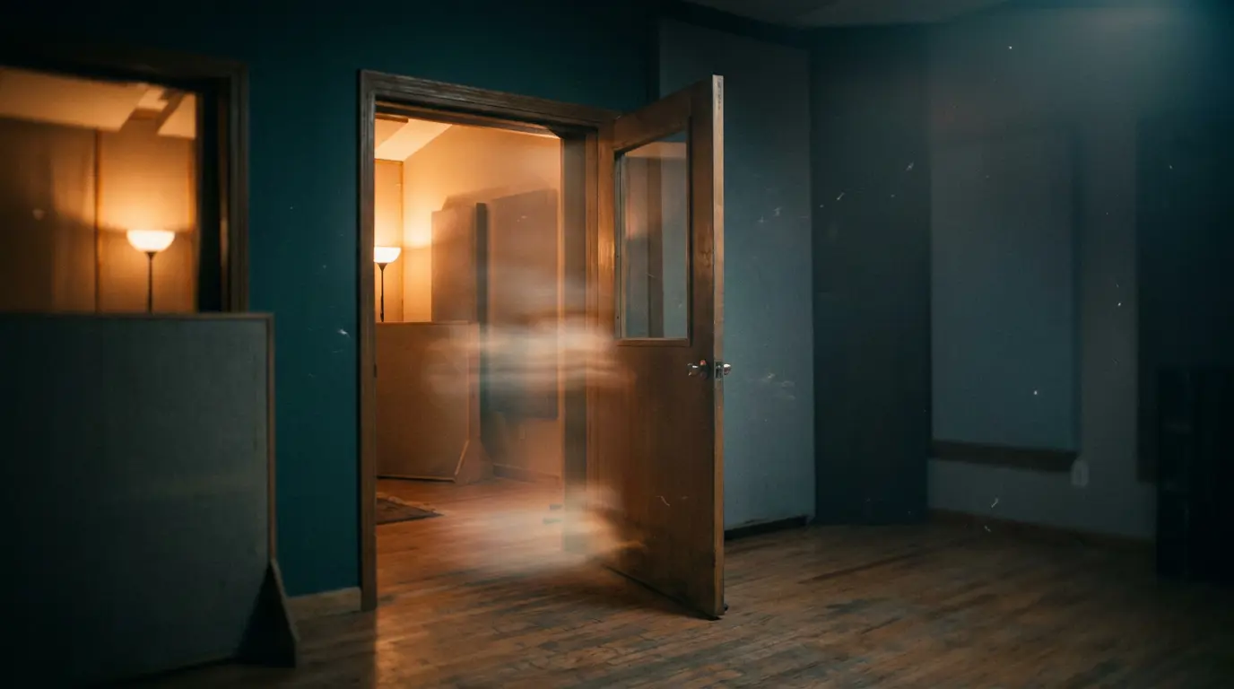 A doorway between two rooms, one lit warm amber, the other cool blue, light blurring at the threshold.
