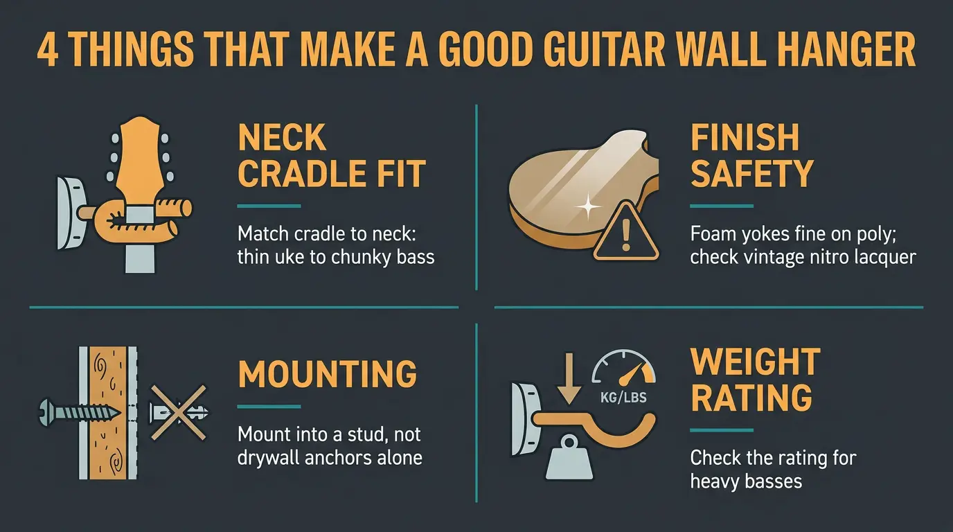 Infographic grid of four guitar wall hanger factors: neck fit, finish safety, stud mounting, and weight rating.