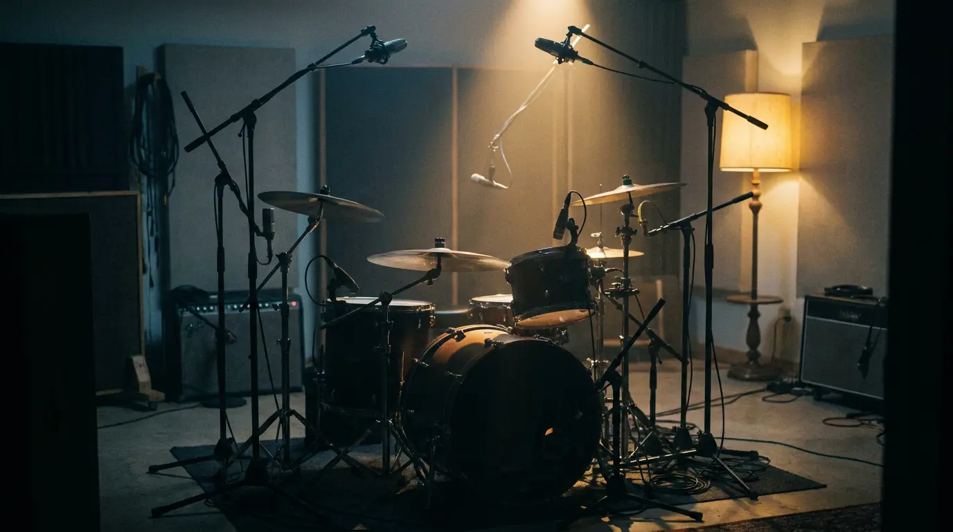 A silhouetted drum kit in a dim studio surrounded by microphone stands, lit by a warm shaft of light.