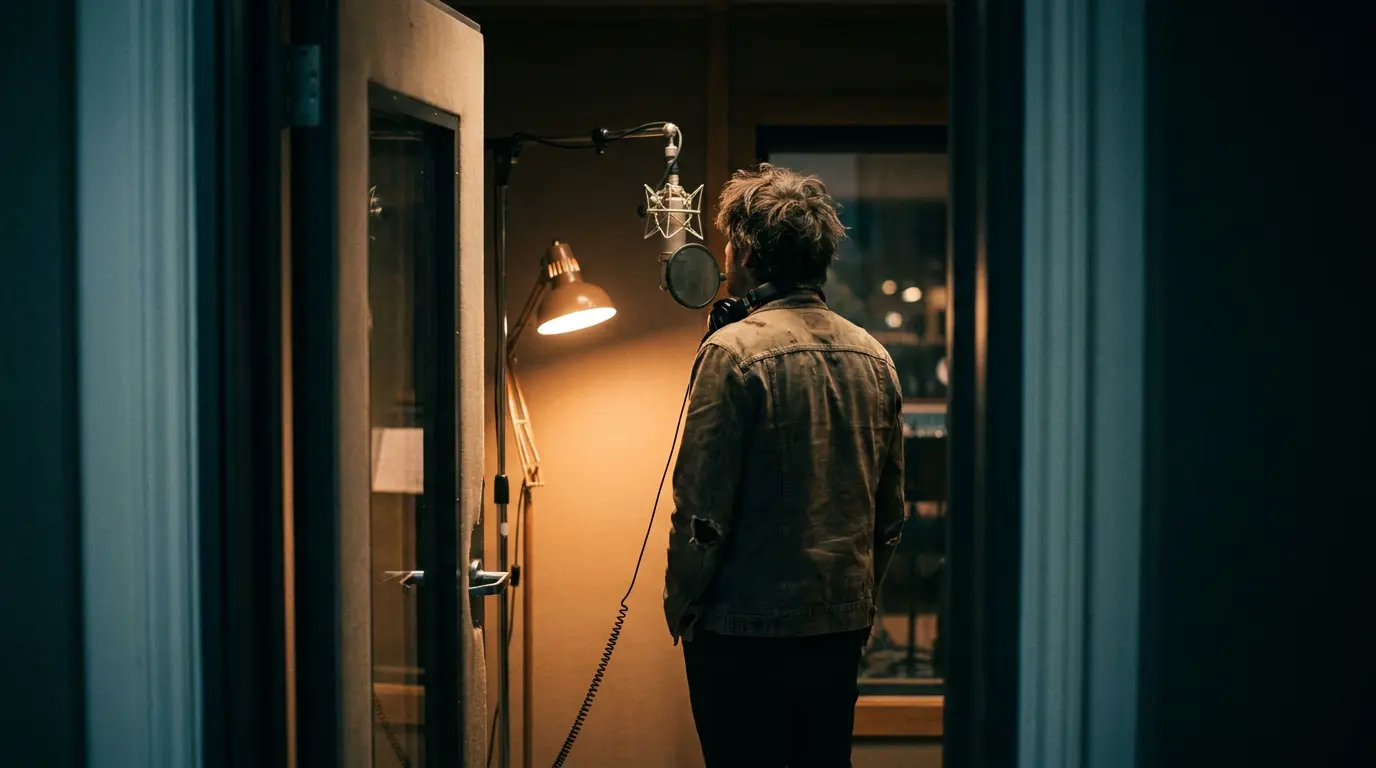 A singer seen from behind in a dim studio booth, lit by a warm lamp, facing a suspended microphone.