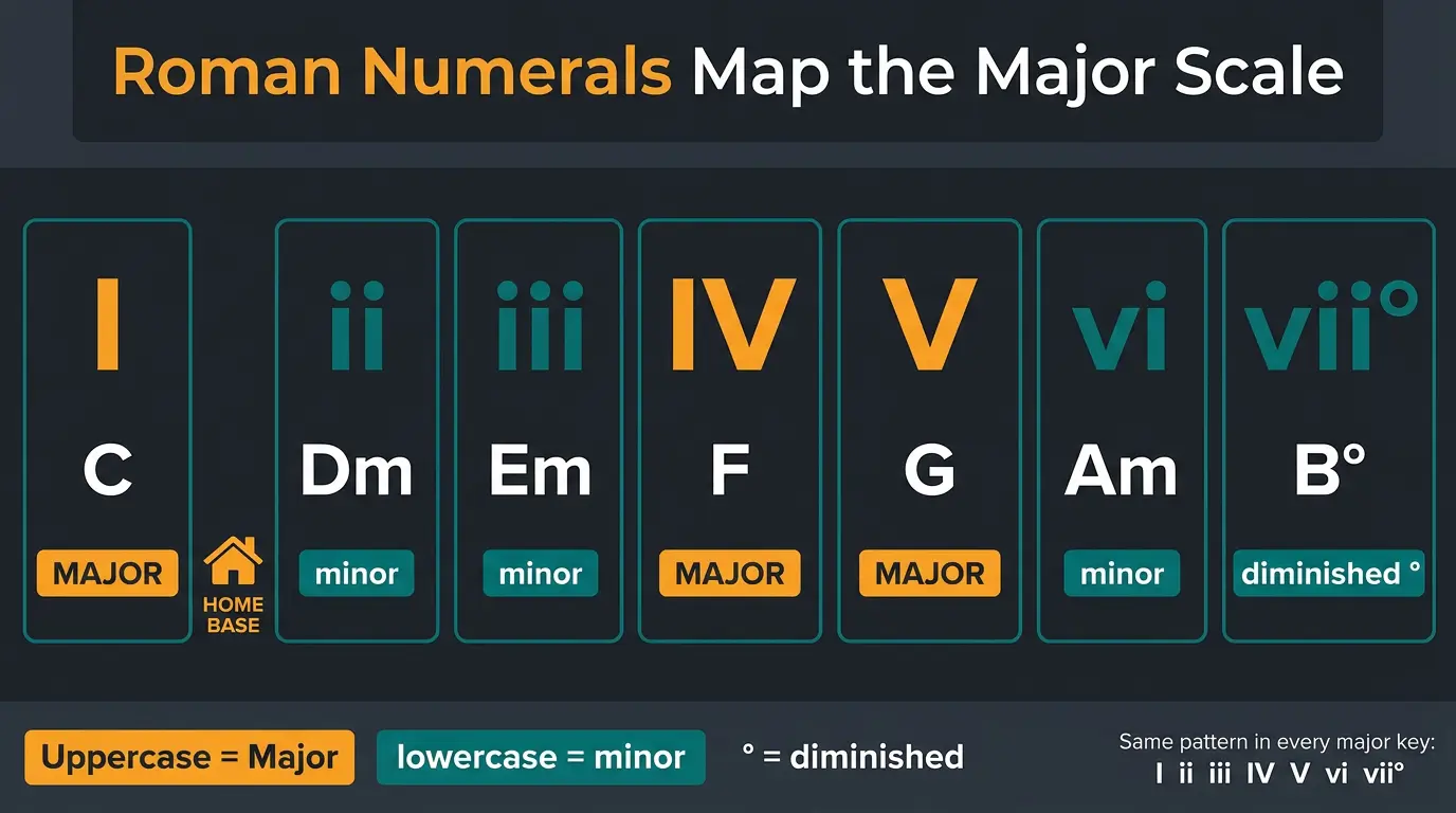 Infographic showing C major scale chords labeled I ii iii IV V vi vii degrees with major, minor, diminished tags.