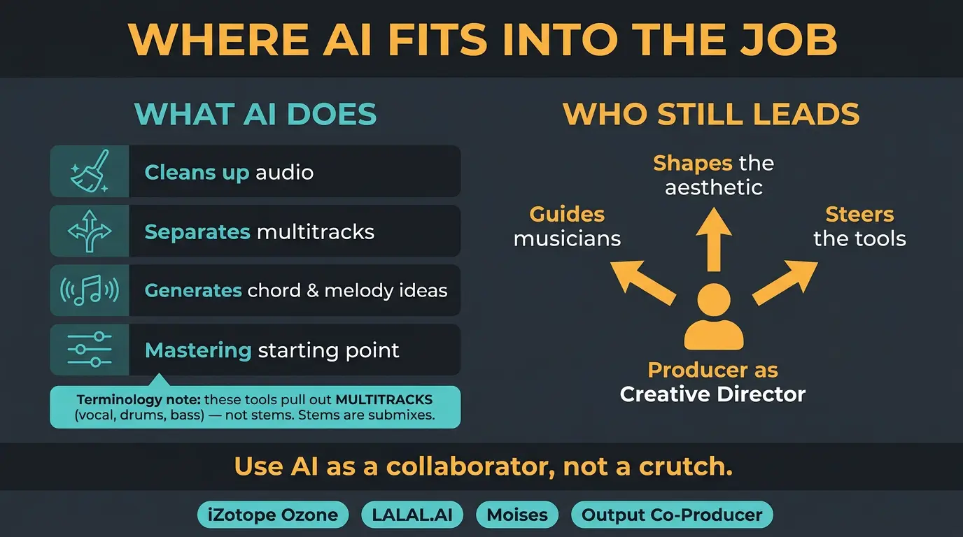 Infographic showing what AI does in music production versus the producer's role as creative director.
