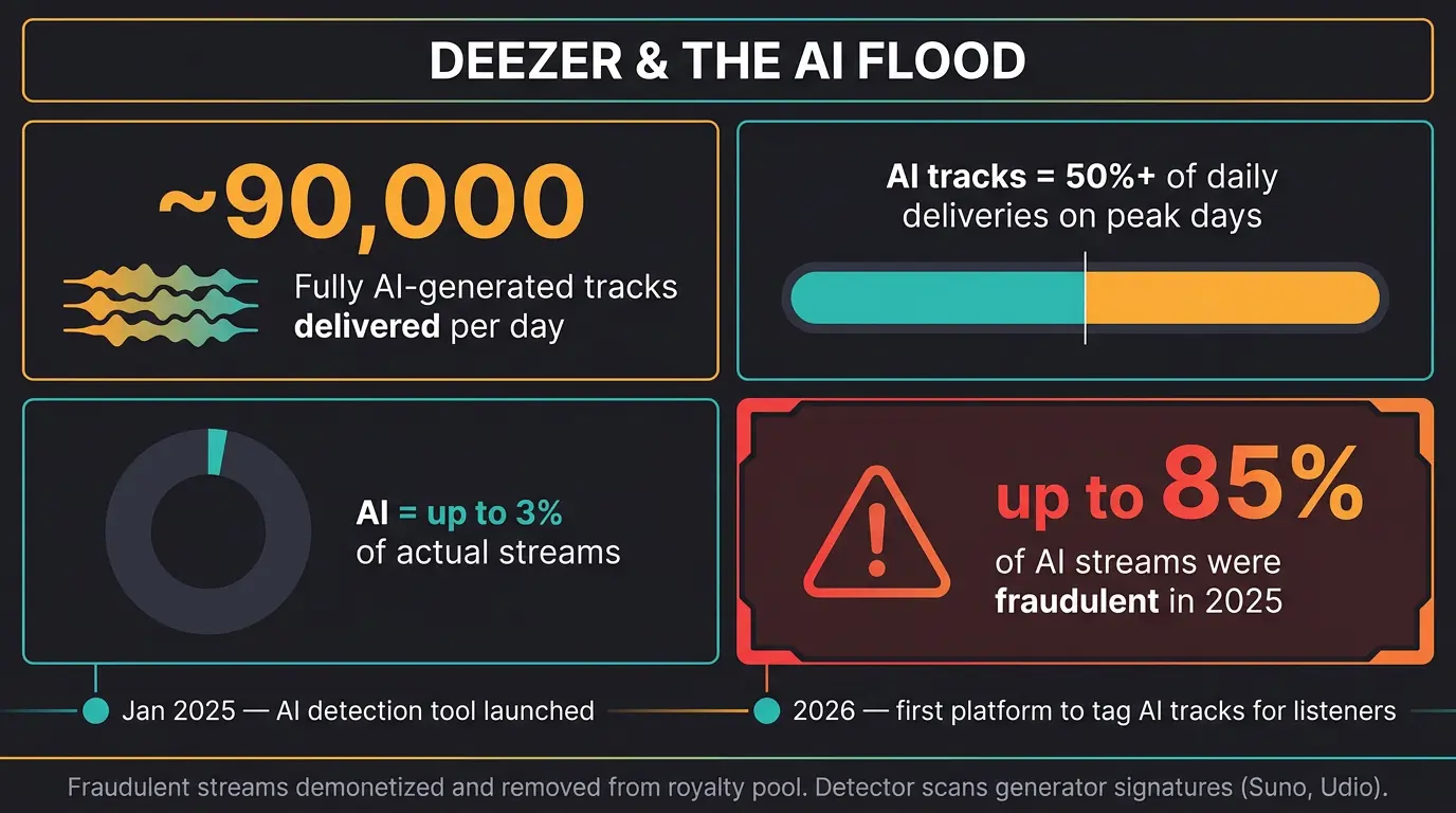 Infographic showing Deezer's AI stats: ~90,000 AI tracks daily, 3% of streams, up to 85% fraudulent, with detection timeline.