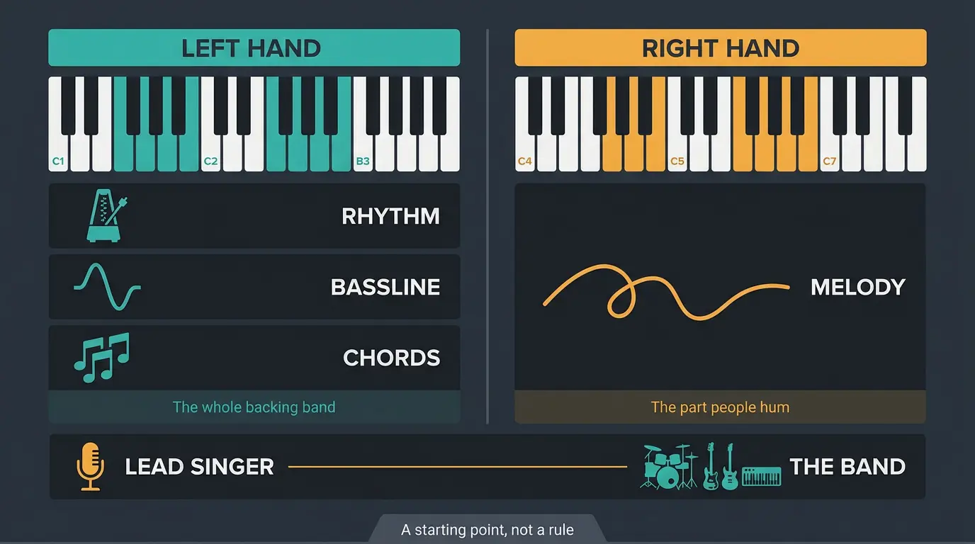 Infographic splitting piano into left hand (rhythm, bass, chords) and right hand (melody), with singer-and-band analogy.
