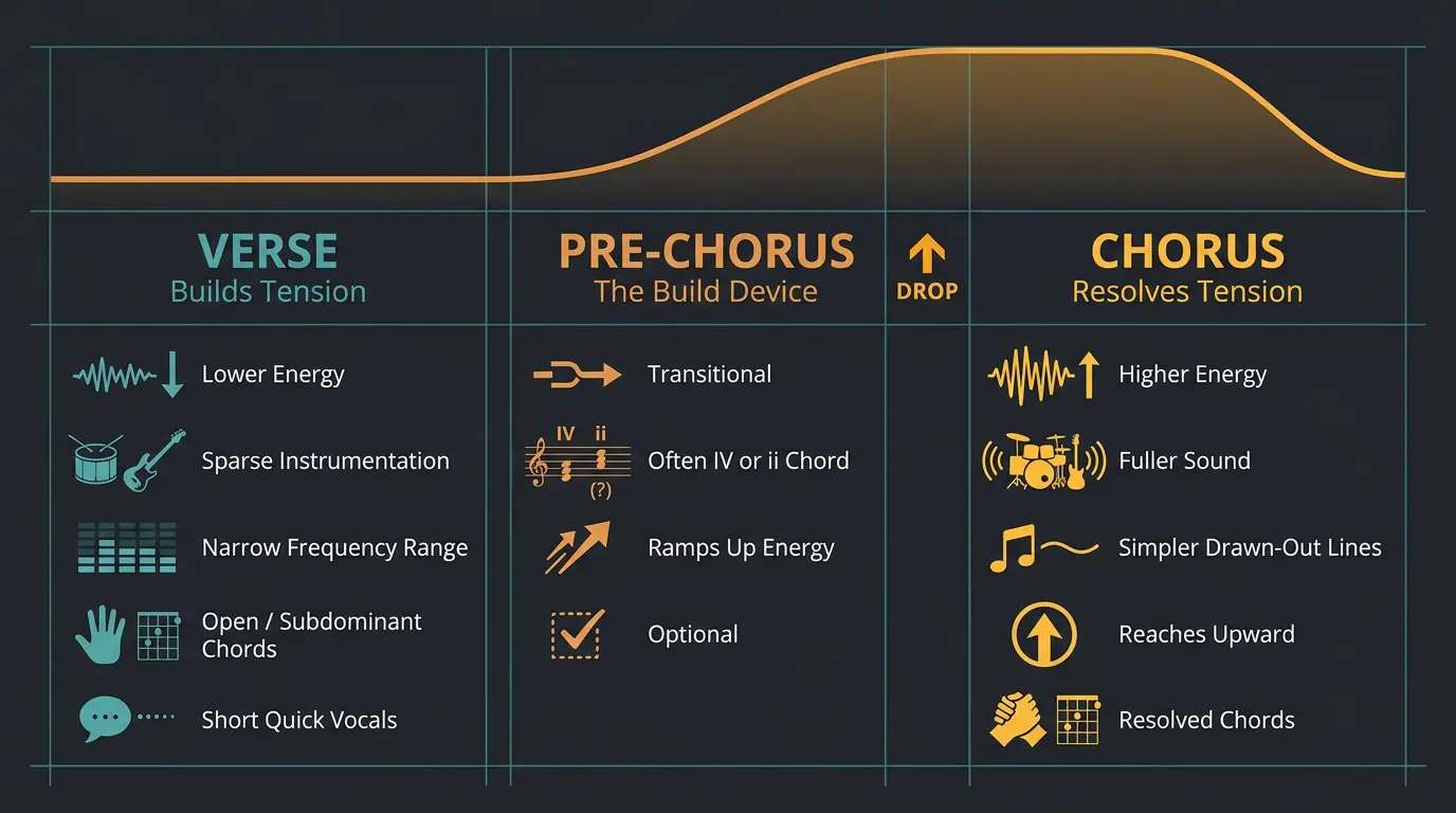 Infographic showing rising energy arc from tension-building verse through pre-chorus build to a resolving chorus.