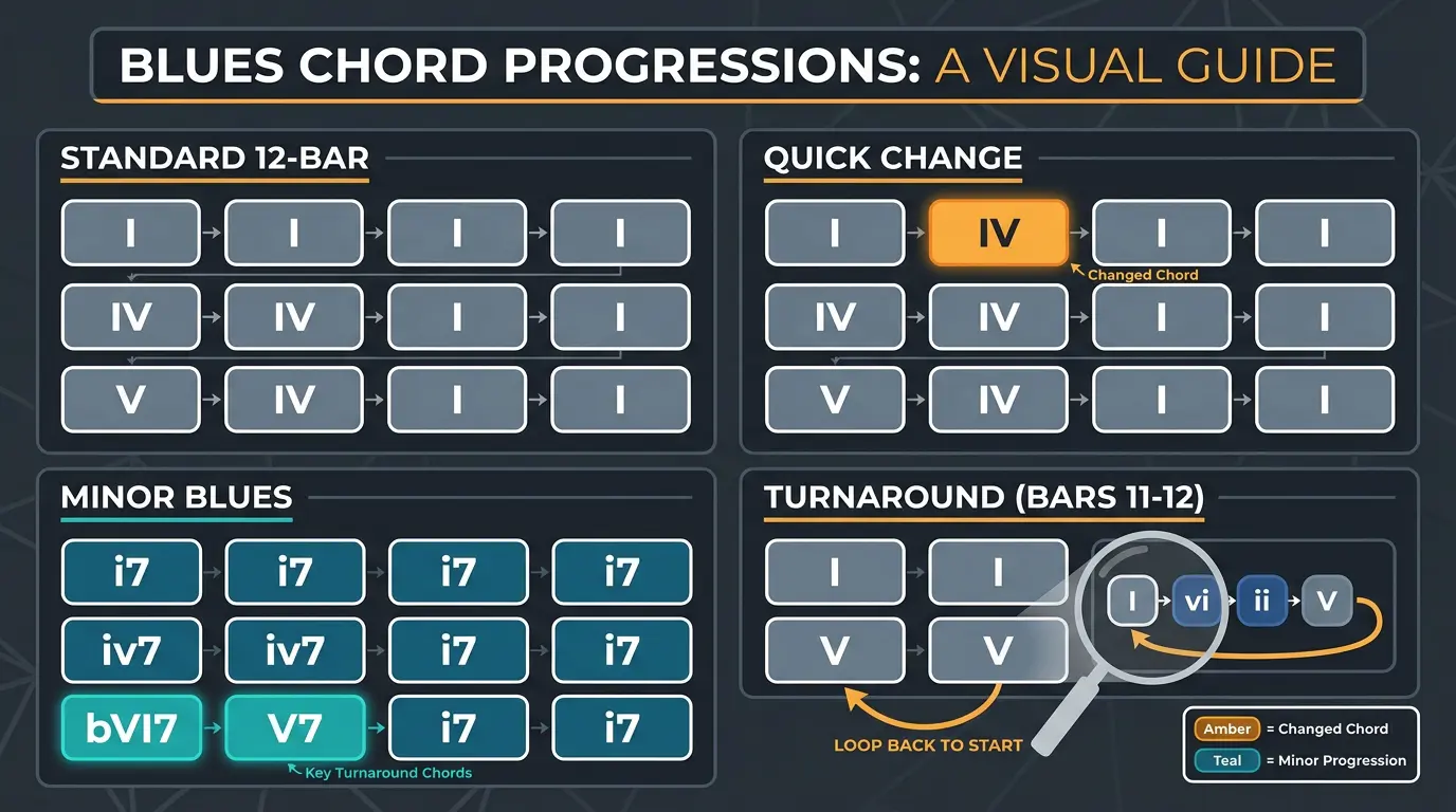 Infographic comparing standard, quick change, minor blues, and turnaround 12-bar blues chord grids with labeled bars.