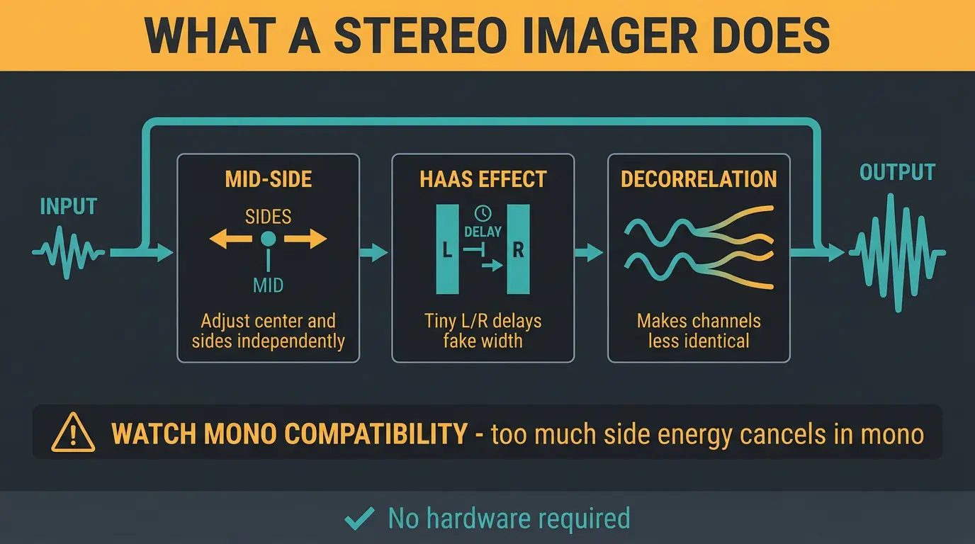 Infographic showing mid-side, Haas, and decorrelation stereo widening methods with a mono compatibility warning.