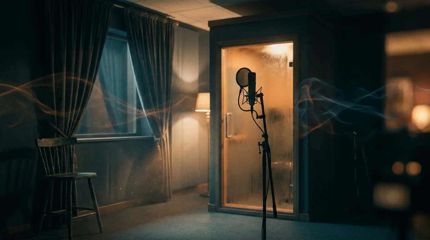 A silhouetted microphone in a hazy, empty vocal booth lit by warm light against deep blue shadows.