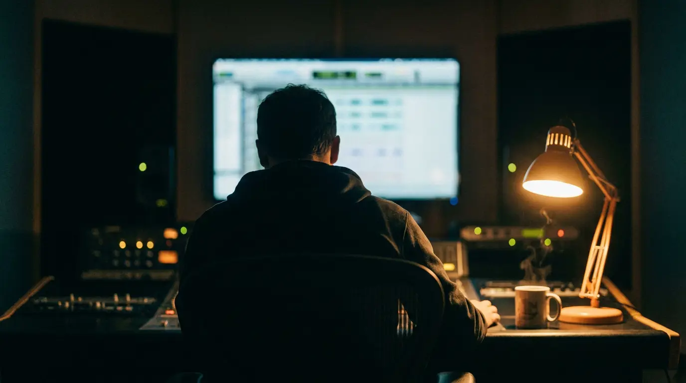 Engineer seen from behind in a dark studio, lit by cool monitor glow and a warm amber desk lamp.