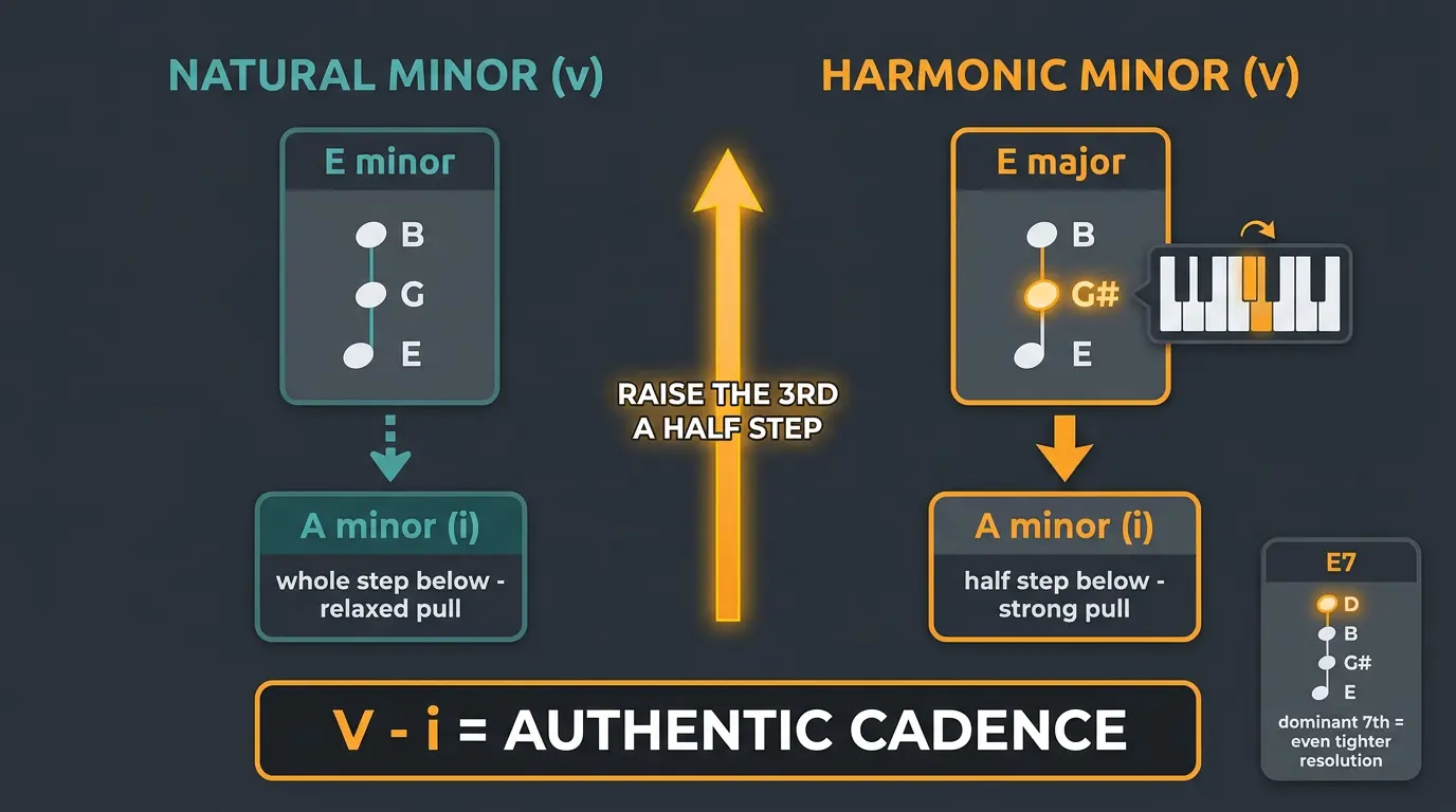Infographic comparing E minor (v) to E major (V) in A minor, showing raised G# creating a stronger pull to the tonic.