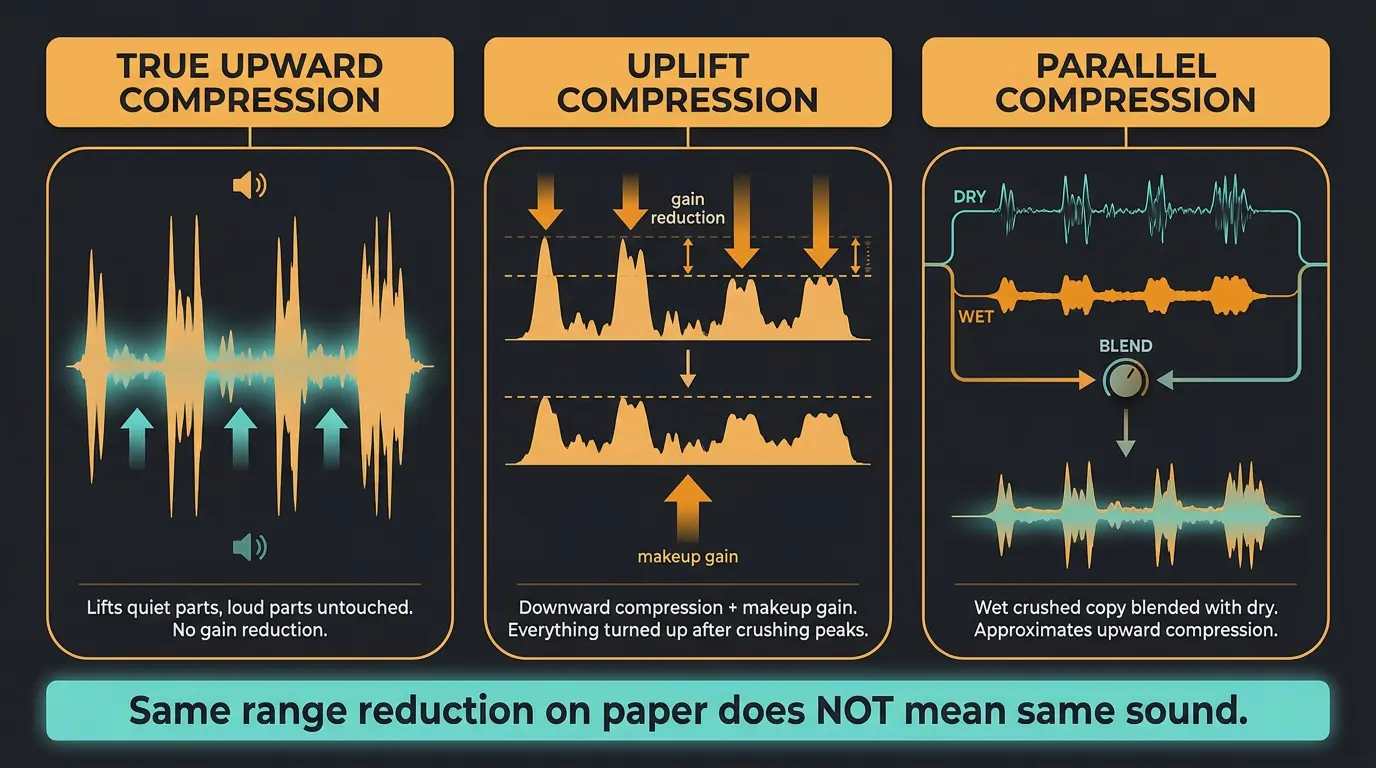 Three-column infographic comparing true upward, uplift, and parallel compression with waveform diagrams.