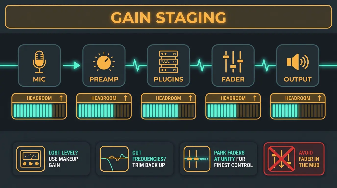 Infographic of an audio signal chain from mic to output showing balanced levels with headroom and gain staging tips.