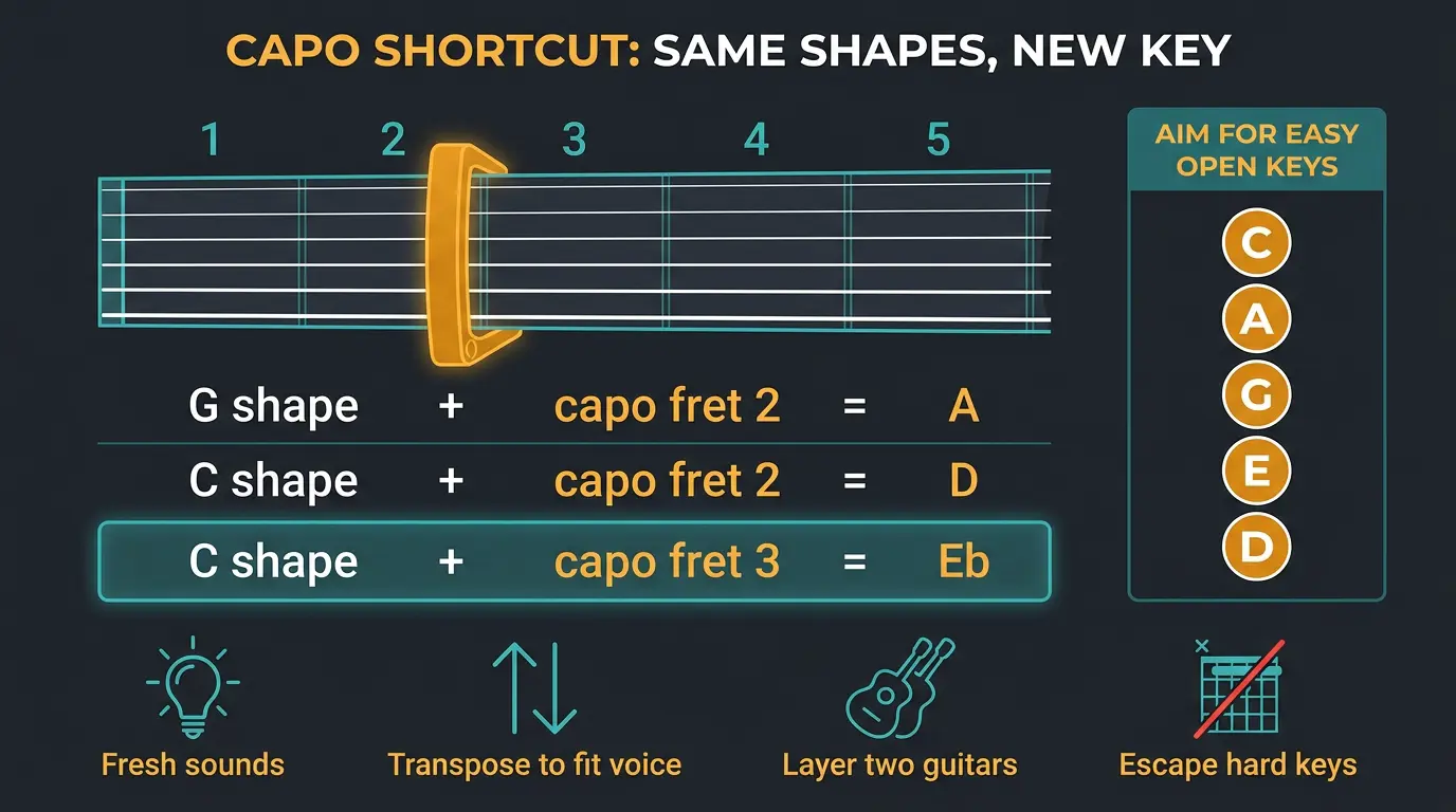 Infographic showing a guitar neck with a capo on fret 2, chord-shape equations, easy open keys C A G E D, and four capo-use i