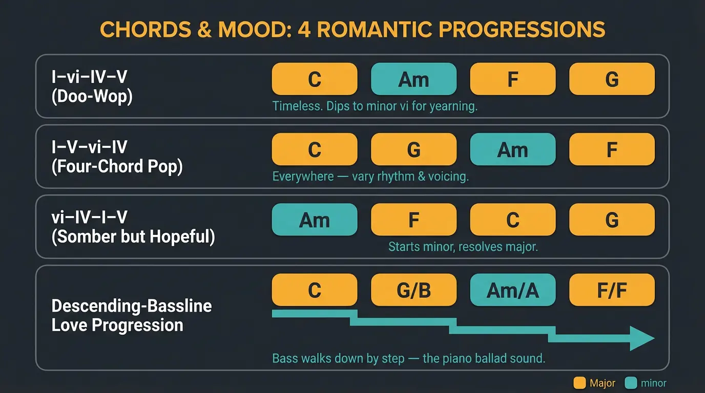 Infographic listing four romantic chord progressions with major chords in amber and minor in teal, plus a descending bassline