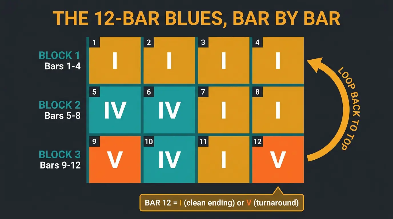 Grid infographic of the 12-bar blues in three rows: I-I-I-I, IV-IV-I-I, V-IV-I-V, with a loop arrow and bar 12 note.