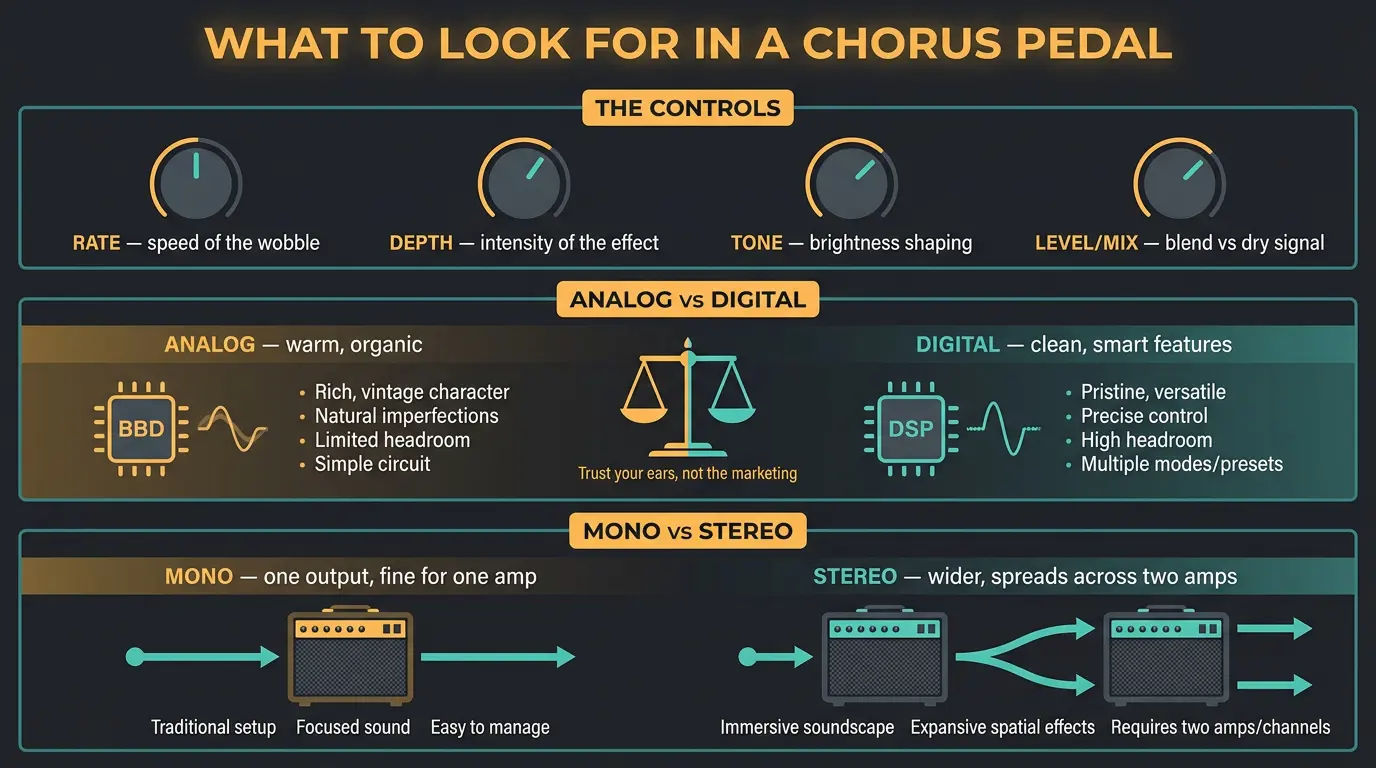 Infographic explaining chorus pedal controls, analog vs digital, and mono vs stereo signal routing.