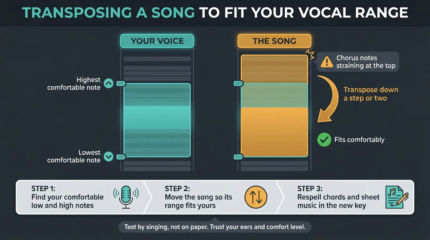 Infographic comparing a singer's vocal range to a song's range, showing the song transposed down to fit, plus three steps.