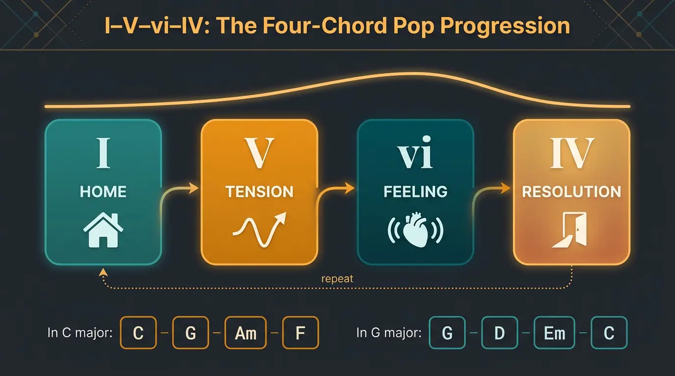 Infographic of the I-V-vi-IV progression as four labeled chord cards with an emotional arc and C and G major examples.