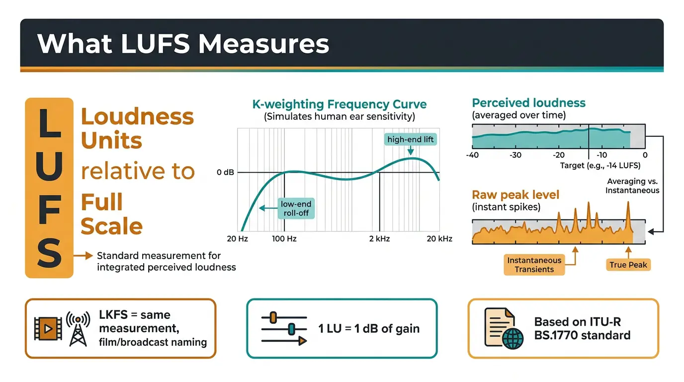 Infographic explaining LUFS with K-weighting curve, averaged vs peak loudness bars, and LKFS, LU, and BS.1770 notes.